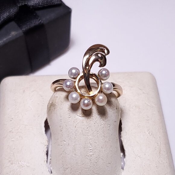 Vintage 2.9mm 7 Cultured Pearl Circle w/shooting Gold design 14Kt Y/G Ring#23415